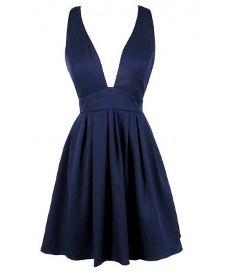 Cute Navy Dress, Navy Party Dress, Navy Cocktail Dress, Navy Plunging Neckline Dress