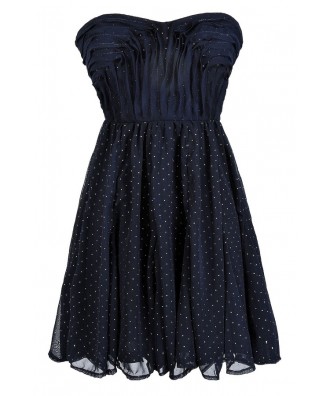 Navy and Gold Strapless Cocktail Party Dress