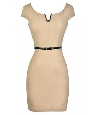 Beige Pencil Dress, Cute Beige Dress, Beige Work Dress, Belted Beige Dress, Fitted Beige Dress