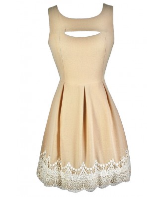 Cute Beige Dress, Beige A-Line Dress, Beige Rehearsal Dinner Dress, Beige Party Dress, Beige and Ivory Lace Dress