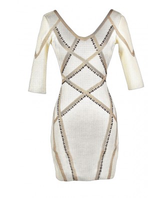 Cute Bodycon Dress, Studded Bodycon Dress, Beige and Ivory Cocktail Dress, Ivory Bodycon Dress, Ivory Party Dress, Beige Party Dress, Beige Cocktail Dress, Beige and Ivory Studded Dress