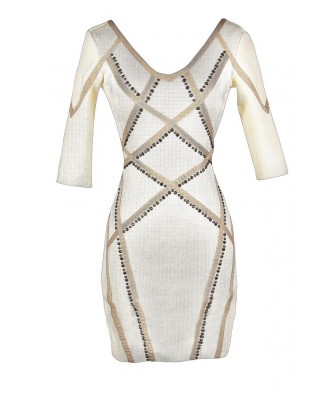 Cute Bodycon Dress, Studded Bodycon Dress, Beige and Ivory Cocktail Dress, Ivory Bodycon Dress, Ivory Party Dress, Beige Party Dress, Beige Cocktail Dress, Beige and Ivory Studded Dress