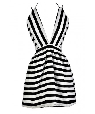 Cute Black and Ivory Dress, Black and Ivory Stripe Dress, Black and Ivory A-Line Dress, Black and Ivory Stripe Party Dress, Black and Ivory Stripe Cocktail Dress