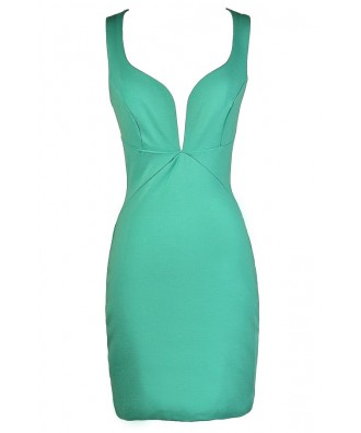 Mint Party Dress, Mint Cocktail Dress, Cute Mint Dress, Mint Bodycon Dress, Mint Plunging Neckline Dress, Fitted Mint Dress