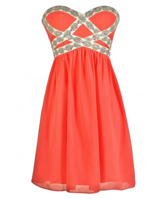 Cute Coral Dress, Coral Prom Dress, Coral Cocktail Dress, Beaded Coral Dress, Embellished Coral Dress, Coral Chiffon Dress, Coral Strapless Dress