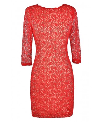 Red Lace Dress, Cute Red Dress, Red Lace Pencil Dress, Red Lace Three Quarter Sleeve Dress, Red Lace Party Dress, Red Lace Cocktail Dress