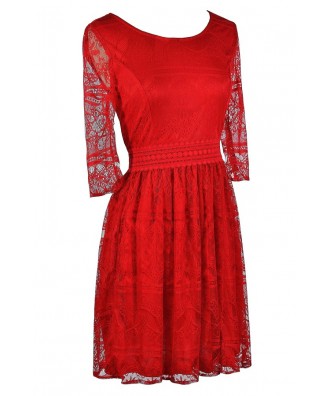 Red Lace Dress, Cute Red Dress, Red Lace A-Line Dress, Red Lace Three ...
