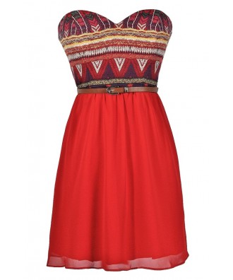 Cute Red Dress, Red Printed Dress, Red Belted Dress, Southwestern Printed Dress, Cute Summer Dress, Red Summer Dress, Belted Summer Dress, Red Strapless Printed Dress