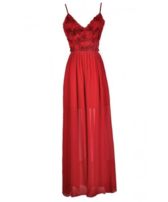 Red Rosette Dress, Red Rosette Maxi Dress, Red Rosette Prom Dress, Red Rosette Formal Dress, Red Rosette Open Back Maxi Dress