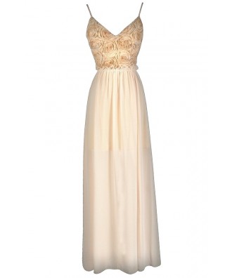 Rosette Maxi Dress, Rosette Prom Dress, Rosette Formal Dress, Rosette Open Back Maxi Dress, Cream Maxi Dress, Beige Maxi Dress, Cream Prom Dress, Beige Prom Dress, Rosette Prom Dress, Rosette Maxi Dress