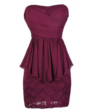 Magenta Lace Dress, Magenta Cocktail Dress, Magenta Party Dress, Magenta Peplum Lace Dress, Magenta Strapless Lace Dress