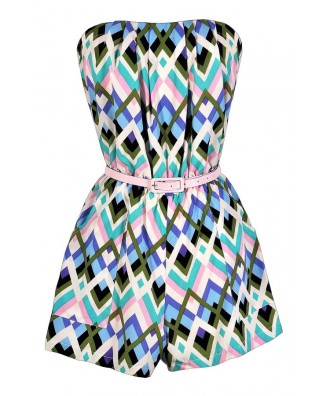 Cute Romper, Summer Romper, Printed Romper, Belted Romper, Blue and Green Romper, Blue and Pink Romper