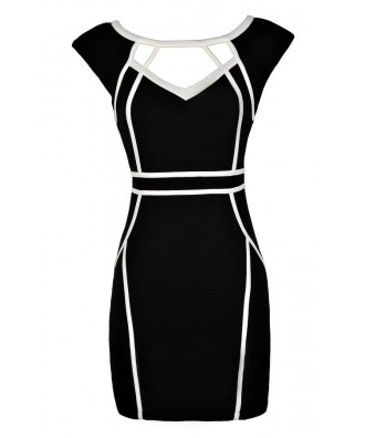 Cute Pencil Dress, Black Pencil Dress, Black and White Pencil Dress, Black and White Fabric Piping Pencil Dress, Black and White Cutout Pencil Dress, Black and White Party Dress