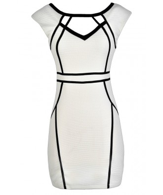 White Pencil Dress, White and Black Pencil Dress, White Pencil Dress With Fabric Piping, White Cutout Pencil Dress