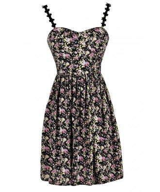 Cute Summer Dress, Black Floral Print Dress, Floral Print A-Line Dress, Floral Print Sundress, Floral Print Summer Dress, Floral Print Party Dress