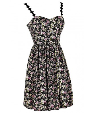 Black Floral Dress, Black Flower Print Dress, Black Floral Print A-line ...