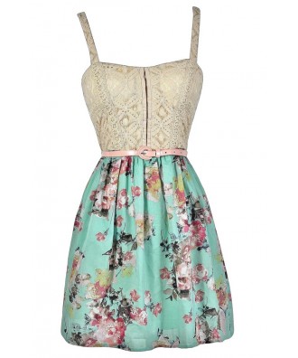Cute Summer Dress, Mint Floral Dress, Mint Summer Dress, Mint Belted Dress, Mint Floral Print Dress, Mint Beige Lace Dress