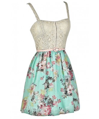 Mint Floral Dress, Floral Print Belted Dress, Mint Floral Summer Dress ...