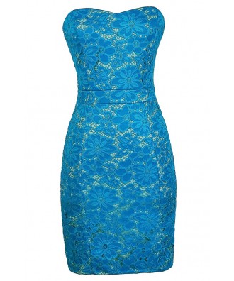 Bright Blue Lace Dress, Turquoise Lace Dress, Blue and Beige Lace Dress ...