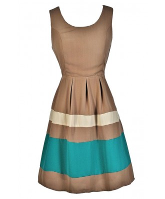 Taupe Stripe Dress, Colorblock Stripe Dress, Taupe A-Line Dress, Cute Party Dress, Cute Summer Dress, Light Brown Dress, Taupe and Turquoise Dress, Cute Party Dress