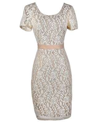 Beige Lace Dress, Beige Lace Pencil Dress, Beige Lace Fitted Dress, Beige Lace Party Dress, Beige and Ivory Lace Dress, Beige Lace Capsleeve Pencil Dress