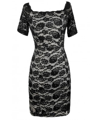 Black and Beige Lace Dress, Black Lace Fitted Dress, Black Lace Pencil ...