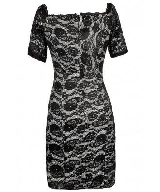 Black and Beige Lace Dress, Black Lace Fitted Dress, Black Lace Pencil ...