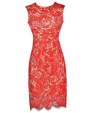 Bright Red Lace Dress, Red Lace Pencil Dress, Cute Bridesmaid Dress ...