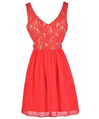 Cute Coral Dress, Coral Lace Dress, Coral Party Dress, Coral Cocktail Dress, Coral Cutout Dress, Coral Chiffon Dress, Coral A-Line Dress