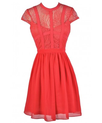 Cute Coral Dress, Coral Lace Dress, Coral A-Line Dress, Coral Party Dress