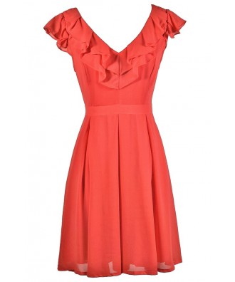 Coral Ruffle Dress, Cute Coral Dress, Coral A-Line Dress, Coral Party Dress, Coral Summer Dress