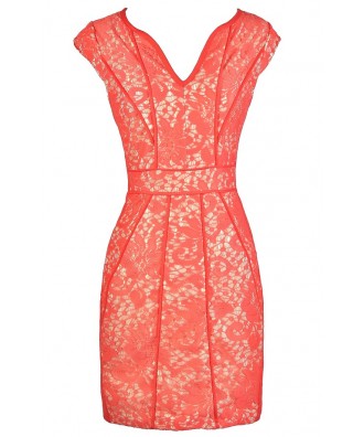 Coral Pink Lace Dress, Coral Pink Party Dress, Coral Pink Pencil Dress, Lace Pencil Dress, Coral Pink Lace Pencil Dress, Coral Pink Lace Summer Dress, Cute Lace Summer Dress