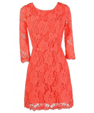 Coral Lace Dress, Cute Coral Dress, Coral Lace Open Back Dress, Coral Lace Summer Dress, Cute Summer Dress, Cute Lace Dress, Coral Lace Sheath Dress, Open Back Lace Dress