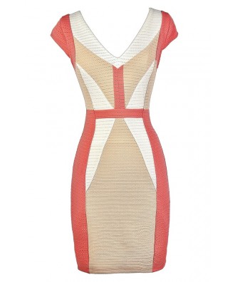 Cute Colorblock Dress, Colorblock Pencil Dress, Coral and Beige Dress, Coral and Beige Colorblock Dress, Colorblock Capsleeve Pencil Dress, Business Casual Dress