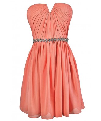 Cute Peach Dress, Peach Strapless Dress, Peach Bridesmaid Dress, Peach Party Dress, Peach Embellished Dress, Peach A-Line Dress