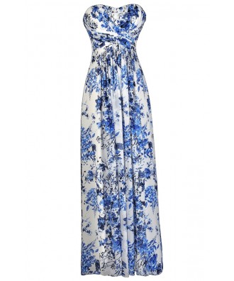 Blue and Ivory Floral Print Maxi Dress, Cute Blue and White Floral Print Dress, Blue and White Floral Print Strapless Dress, Blue and Ivory Floral Print Bridesmaid Dress, Cute Maxi Dress, Floral Print Prom Dress