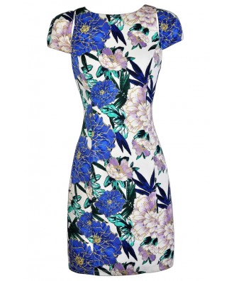 Cute Floral Print Pencil Dress, Watercolor Floral Pencil Dress, Blue and Purple Floral Dress, Floral Print Capsleeve Pencil Dress, Floral Print Summer Dress