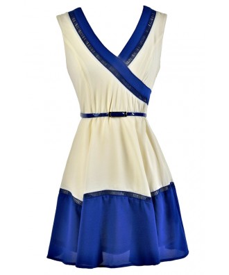 Blue and Ivory Colorblock Dress, Colorblock Belted Dress, Colorblock Summer Dress, Cute Blue and White Dress, Blue and White Colorblock Dress, Blue and Cream Colorblock Sundress, Blue and White Sundress, Cute Summer Dress