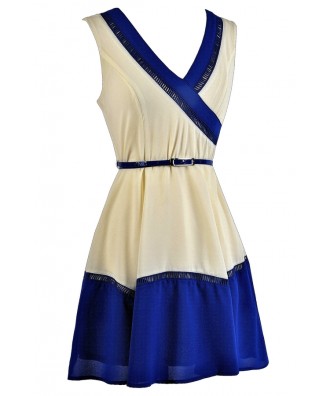 Blue and White Colorblock Dress, Colorblock Belted Dress, Cute Summer ...