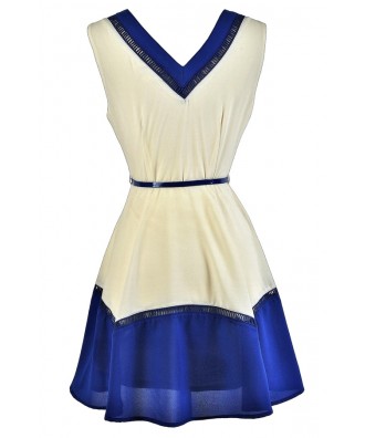 Blue and White Colorblock Dress, Colorblock Belted Dress, Cute Summer ...