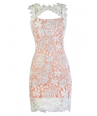 Peach and Ivory Lace Dress, Peach and Ivory Lace Pencil Dress, Peach and Ivory Lace Cocktail Dress, Peach and Ivory Lace Party Dress