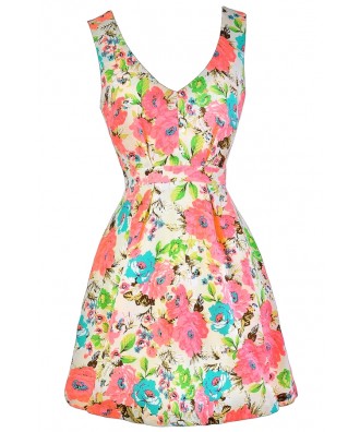 Cute Floral Print Dress, Cute Summer Dress, Neon Pink Floral Print Dress, Floral Print A-Line Dress, Neon Summer Dress