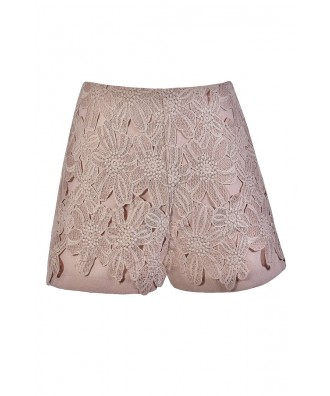 Mocha Blush Lace Shorts, Blush Floral Crochet Lace Shorts, Cute Summer Shorts