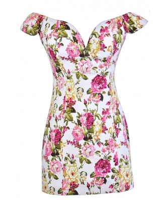 Pink and White Floral Print Dress, Pink and Ivory Floral Print Dress, Pink and White Floral Party Dress, Pink and White Floral Cocktail Dress
