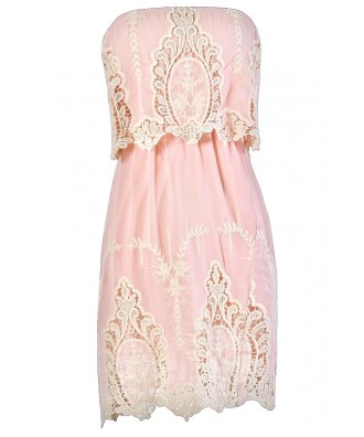 Pink Lace Dress, Cute Summer Dress, Pink Summer Dress, Pink Strapless Lace Dress, Pink Boho Lace Dress, Pink Bohemian Lace Dress