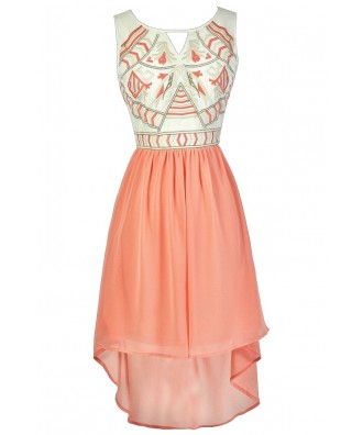 Peach Embroidered Dress, Peach High Low Dress, Peach Party Dress, Peach Summer Dress, Cute Peach Dress, Coral Party Dress, Coral Summer Dress, Coral High Low Dress