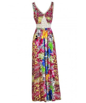 Tropical Printed Maxi Dress, Summer Maxi Dress, Hawaiian Printed Maxi Dress, Hot Pink Printed Maxi Dress, Floral Print Maxi Dress