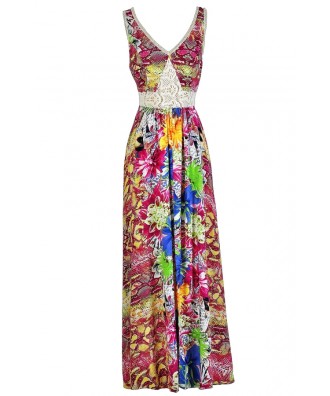 Tropical Printed Maxi Dress, Summer Maxi Dress, Hawaiian Printed Maxi Dress, Hot Pink Printed Maxi Dress, Floral Print Maxi Dress