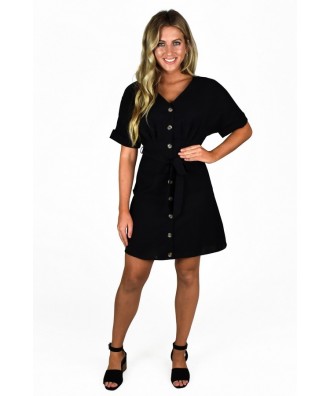 Cute Short Black Button Front Work Dress