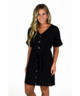 Black Button Front A-line Professional Work Dress